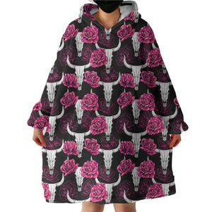 Multi Pink Roses & Buffalo Skull SWLF5186 Hoodie Wearable Blanket