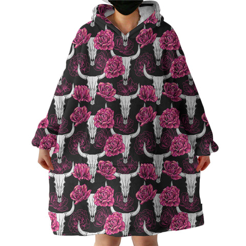 Image of Multi Pink Roses & Buffalo Skull SWLF5186 Hoodie Wearable Blanket