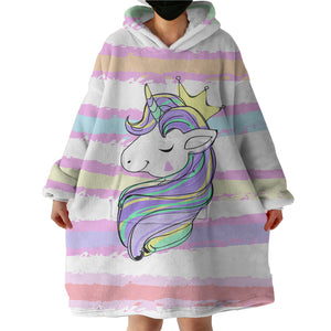 Happy Unicorn Queen Crown Colorful Stripes SWLF5203 Hoodie Wearable Blanket
