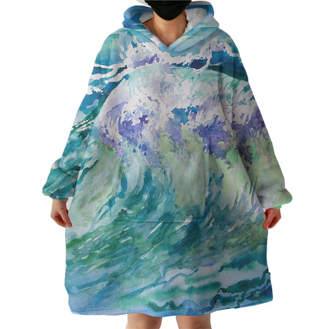 Image of Watercolor Blue Waves Japanese Art SWLF5246 Hoodie Wearable Blanket