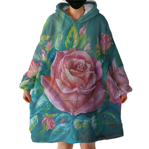 Image of Watercolor Pink Roses Green Theme  SWLF5250 Hoodie Wearable Blanket