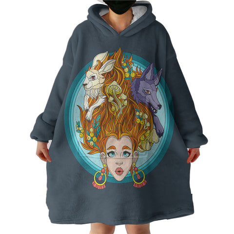 Image of Jungle Lady Rabbit & Wolf Illustration SWLF5337 Hoodie Wearable Blanket