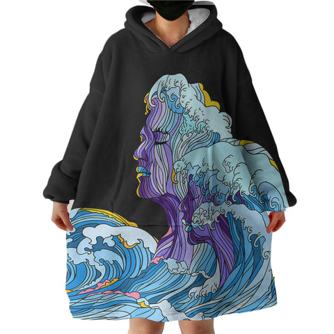 Image of Modern Art - Face Waves Pink & Blue Illustration SWLF5338 Hoodie Wearable Blanket