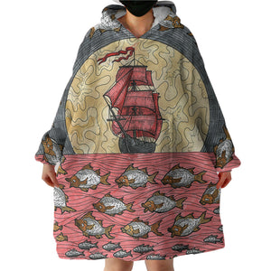 Multi Fishes & Pirate Ship Dark Theme Color Pencil Sketch SWLF5345 Hoodie Wearable Blanket