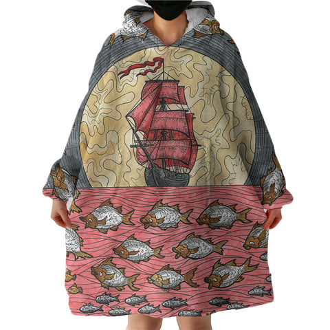 Image of Multi Fishes & Pirate Ship Dark Theme Color Pencil Sketch SWLF5345 Hoodie Wearable Blanket
