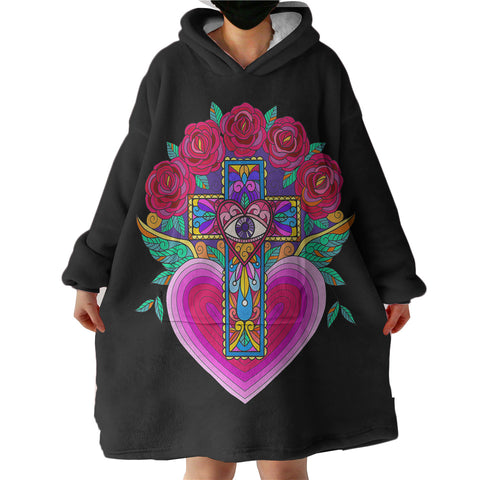 Image of Old School Cross Heart Illustration Pink Color SWLF5356 Hoodie Wearable Blanket