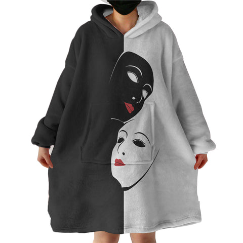 Image of B&W Face Masks Red Lips  SWLF5447 Hoodie Wearable Blanket