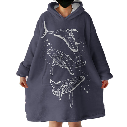 Image of Three Big Whales White Sketch Navy Theme SWLF5450 Hoodie Wearable Blanket