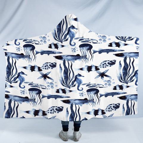 Image of Dark Blue & Black Marine Creatures SWLM3374 Hooded Blanket