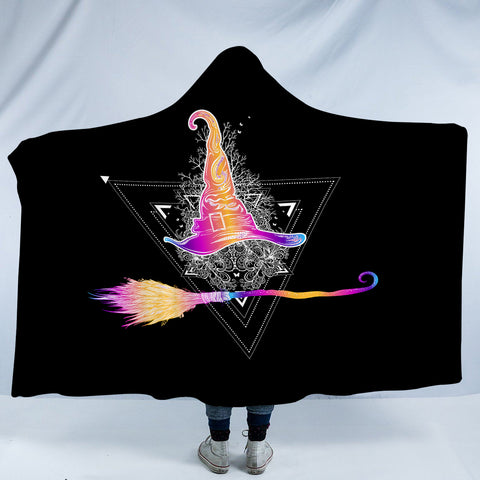 Image of Colorful Gradient Witch Hat & Flying Broom SWLM3384 Hooded Blanket