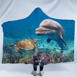 Marine Turtle & Dolphin SWLM3582 Hooded Blanket