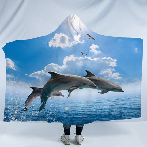 Image of Dolphins Jumping Over Ocean SWLM3614 Hooded Blanket