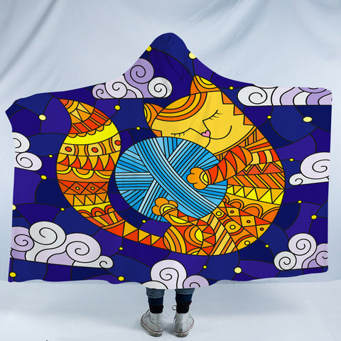 Image of Yellow Aztec Cat Holding Lump Of Wool SWLM3647 Hooded Blanket