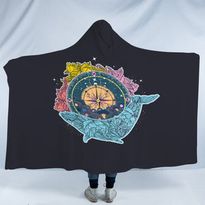 Vintage Floral Pattern on Whale & Compass SWLM3763 Hooded Blanket