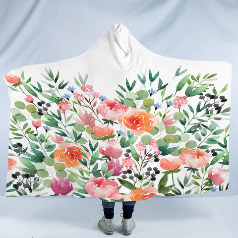 Image of Orange & Pink Roses Watercolor SWLM3818 Hooded Blanket