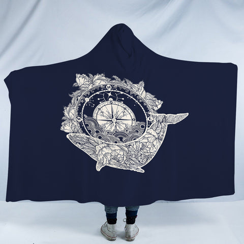 Image of Vintage Floral Whale & Compass Navy Theme SWLM3930 Hooded Blanket