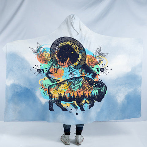 Image of Vintage Buffalo & Compass - Watercolor Pastel Animal Theme SWLM3932 Hooded Blanket