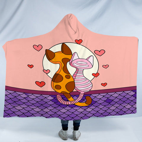 Image of Cute Cat Lovers Under The Moon Illustration SWLM3944 Hooded Blanket