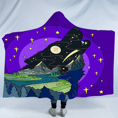 Image of Cartoon Night Landscape Wolf Shape SWLM3945 Hooded Blanket