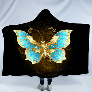 Golden Satin Blue Butterfly SWLM4113 Hooded Blanket