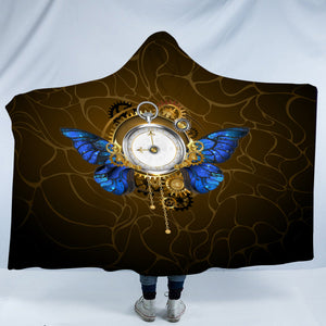 Vintage Golden Clock Blue Butterfly SWLM4122 Hooded Blanket
