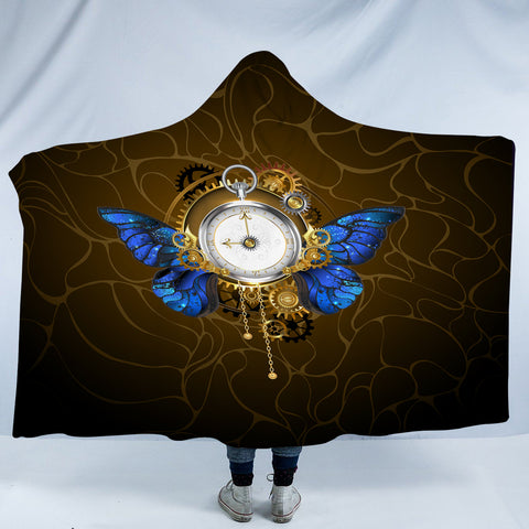 Image of Vintage Golden Clock Blue Butterfly SWLM4122 Hooded Blanket