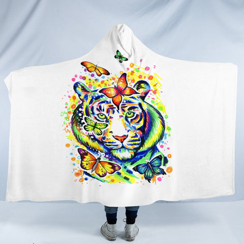 Image of Colorful Watercolor Tiger Sketch & Butterfly SWLM4222 Hooded Blanket