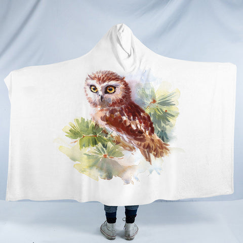 Image of Owl On Tree Watercolor Painting SWLM4397 Hooded Blanket