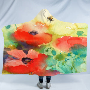 Red Flowers & Green Leaves Watercolor Painting SWLM4398 Hooded Blanket