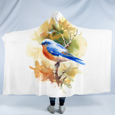 Image of Blue Sparrow White Theme Watercolor Painting SWLM4401 Hooded Blanket