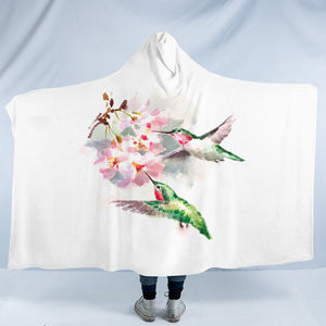 Green Sunbirds Sucking Flowers Watercolor Painting SWLM4408 Hooded Blanket