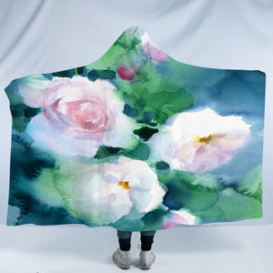 White Flowers & Green Leaves Watercolor Painting SWLM4409 Hooded Blanket