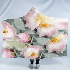 Pink Lotus & Green Leaves Watercolor Painting SWLM4418 Hooded Blanket