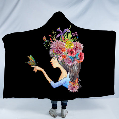 Image of Butterfly Standing On Hand Of Floral Hair Lady SWLM4424 Hooded Blanket