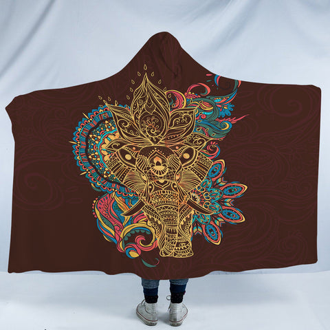 Image of Golden Elephant Buddha Mandala Brown Theme SWLM4425 Hooded Blanket