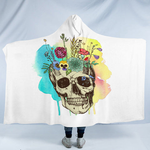 Image of Colorful Flowers On Skull Watercolor Background SWLM4430 Hooded Blanket