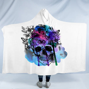 Floral Skull Black Sketch Blue & Pink Watercolor SWLM4433 Hooded Blanket