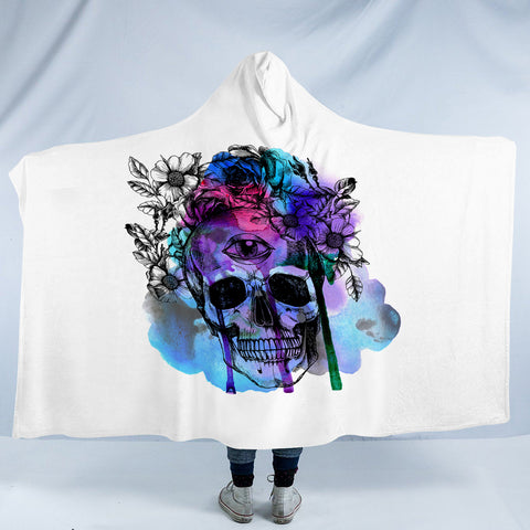 Image of Floral Skull Black Sketch Blue & Pink Watercolor SWLM4433 Hooded Blanket