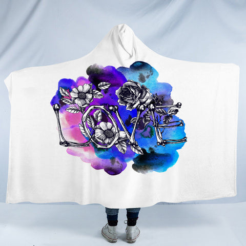 Image of Dark Love Bone and Flowers BLue & Pink Watercolor SWLM4435 Hooded Blanket