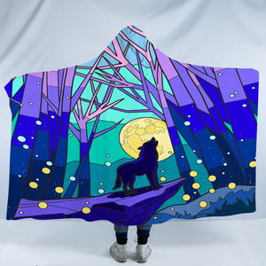 Roaring Wolf In Jungle Night Illustration SWLM4438 Hooded Blanket