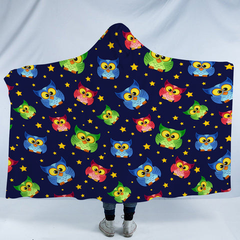 Image of Multi Cute Colorful Owls Night Sky Illustration SWLM4448 Hooded Blanket