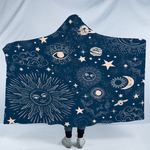 Retro Cream Sun Moon Star Sketch Galaxy Navy Theme SWLM4520 Hooded Blanket