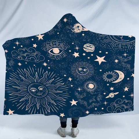 Image of Retro Cream Sun Moon Star Sketch Galaxy Navy Theme SWLM4520 Hooded Blanket