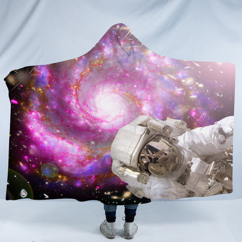 Image of Pink Purple Galaxy Astronaut Theme SWLM4591 Hooded Blanket