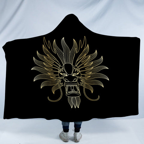 Image of Golden Asian Dragon Head Black Theme SWLM4598 Hooded Blanket