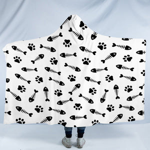 B&W Cute Fish Bone & Dog Footprint Monogram SWLM4605 Hooded Blanket