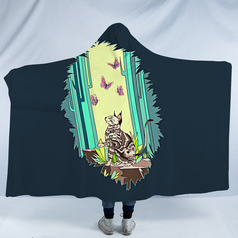 Image of Purple Butterflies & Cat Playing SWLM4666 Hooded Blanket