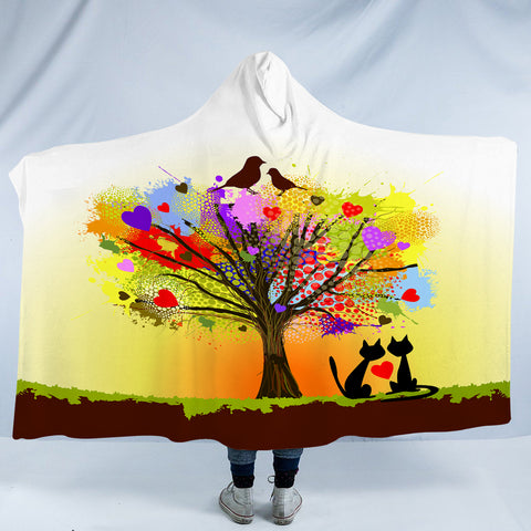 Image of Birds & Cats Couple Colorful Tree Theme SWLM4727 Hooded Blanket