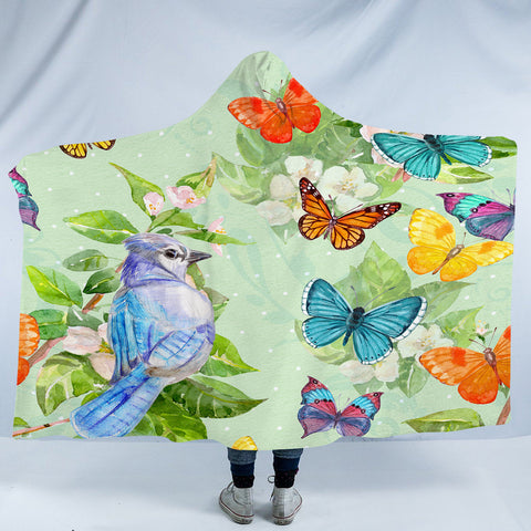 Image of Watercolor Big Blue Sunbird & Colorful Butterflies SWLM4739 Hooded Blanket
