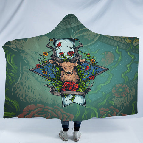 Image of Old School Colorful Floral Deer Head SWLM4740 Hooded Blanket